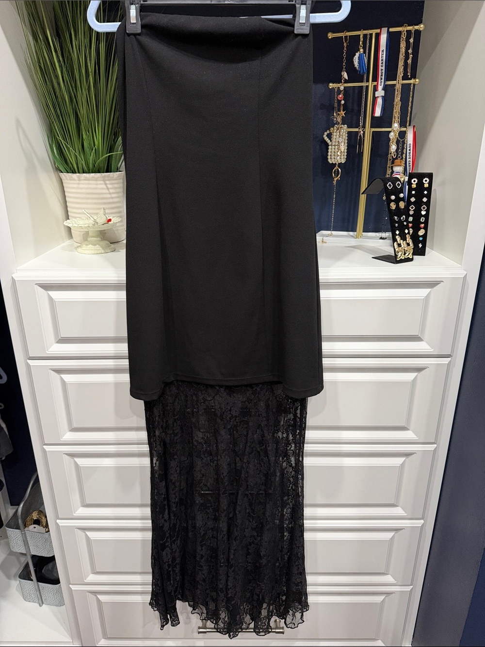 Express Strapless Dress SZ M Black High-Low Lace Maxi